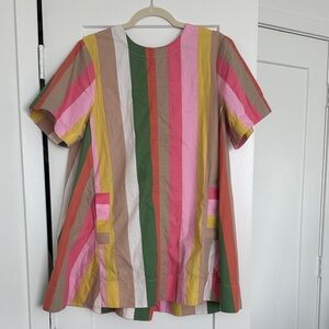 Multicolor Stripe Short-Sleeve Tunic Top - Pink, Green & Yellow